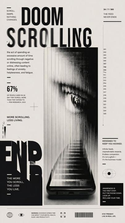 #1438 “Doomscrolling” 편집 스타일 포스터 참고 이미지