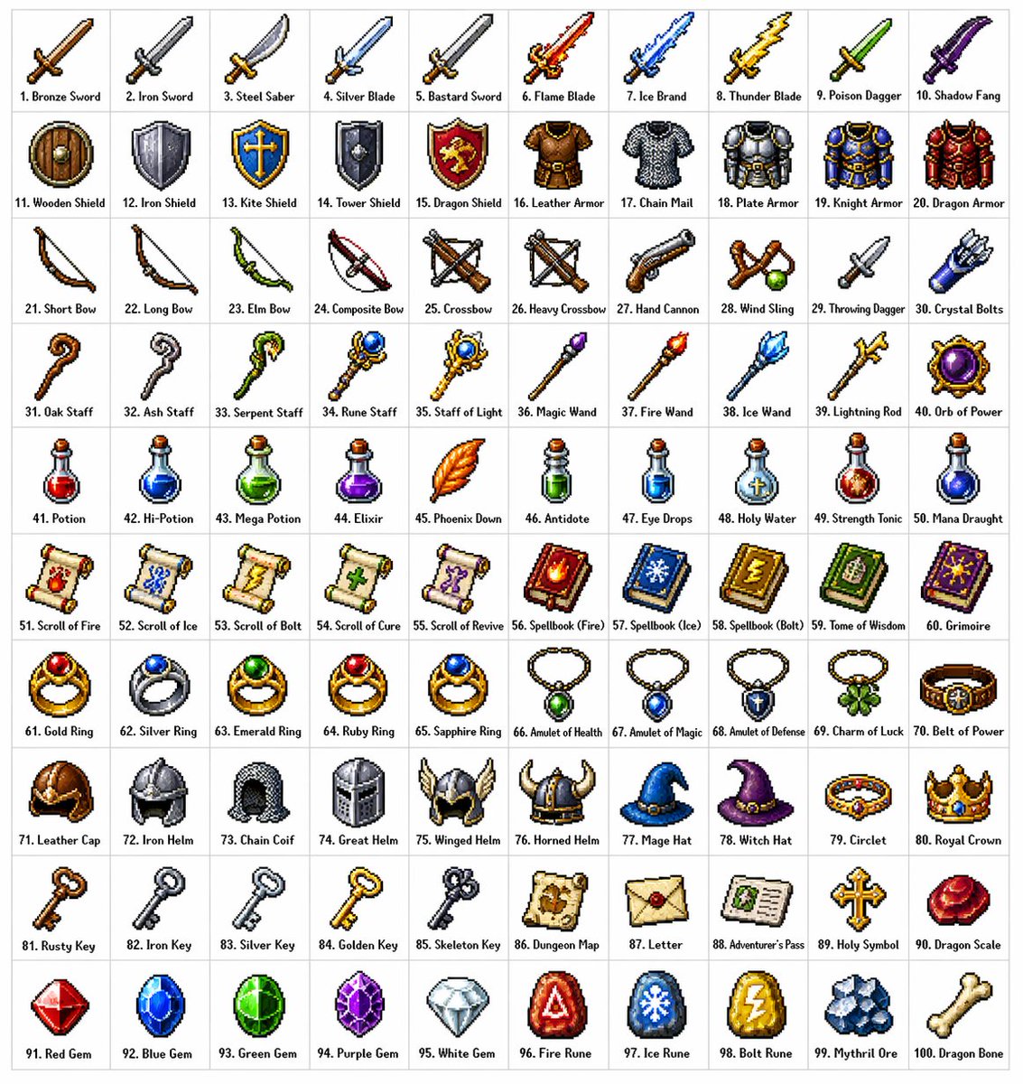 #186 픽셀 RPG 아이템 100종 (10x10 그리드) 참고 이미지