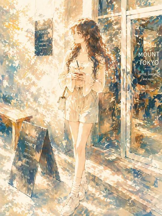 #1296 햇살 아래 카페 앞 애니메이션 소녀 참고 이미지